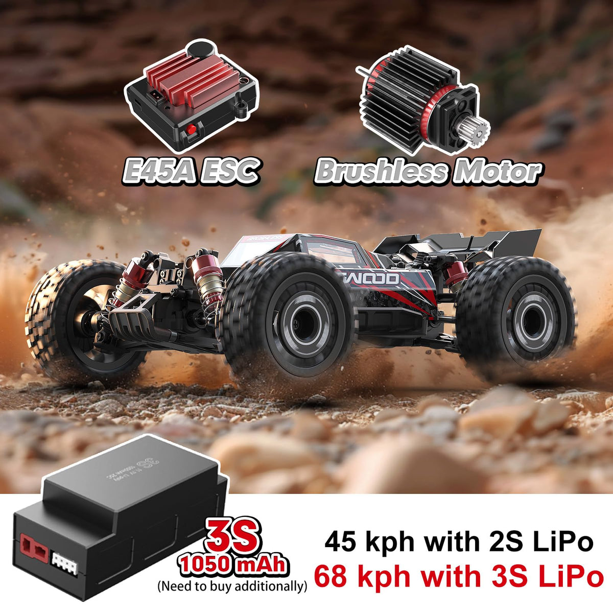 Jetwood 1:16 RC car with IPX5 waterproof ESC conquering puddles.