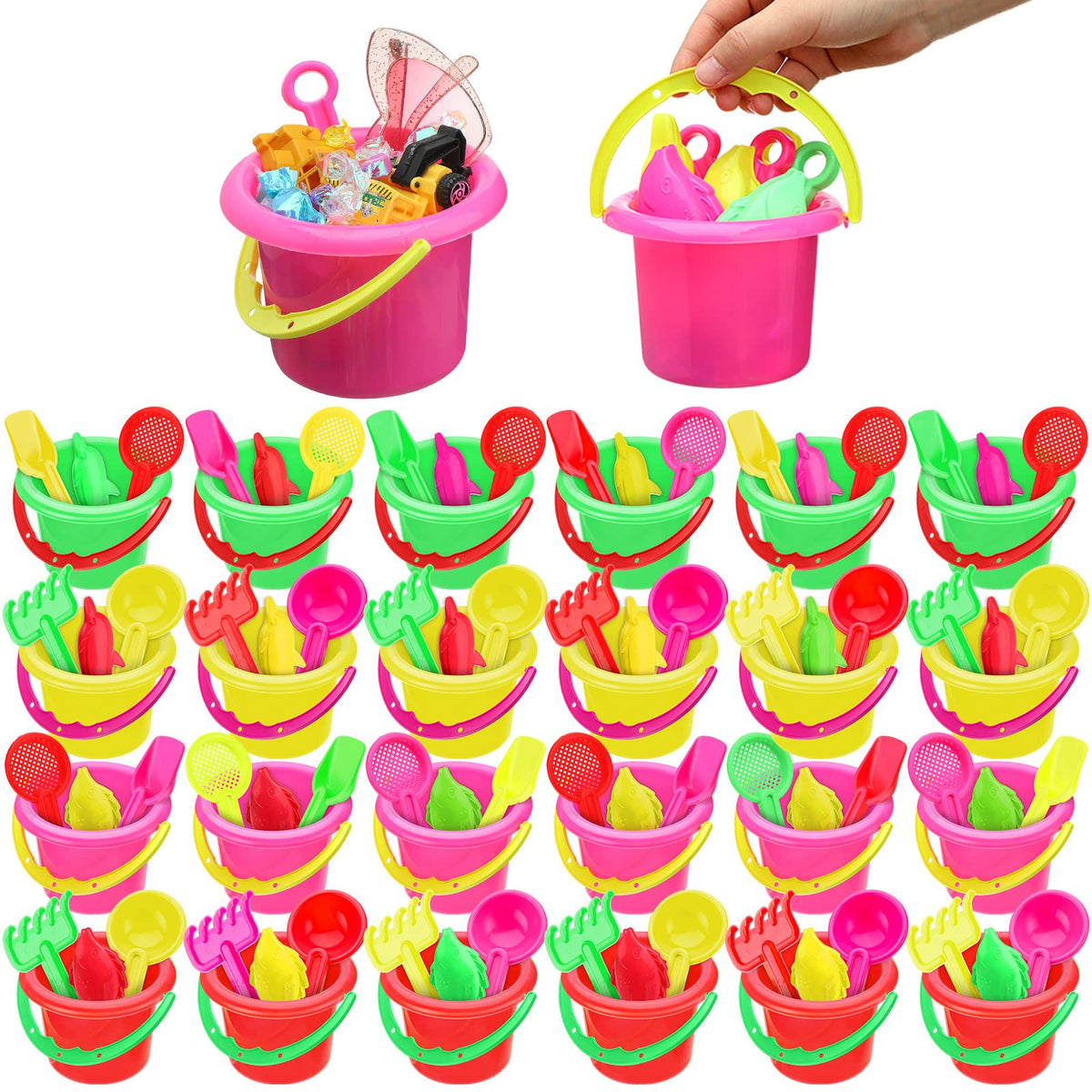 Jexine colorful sand buckets for kids, ideal for beach play and easy carrying.