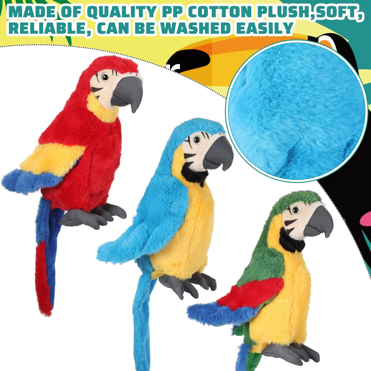 Jexine Macaw parrot plush blue edition highlights vivid details for kids gift.