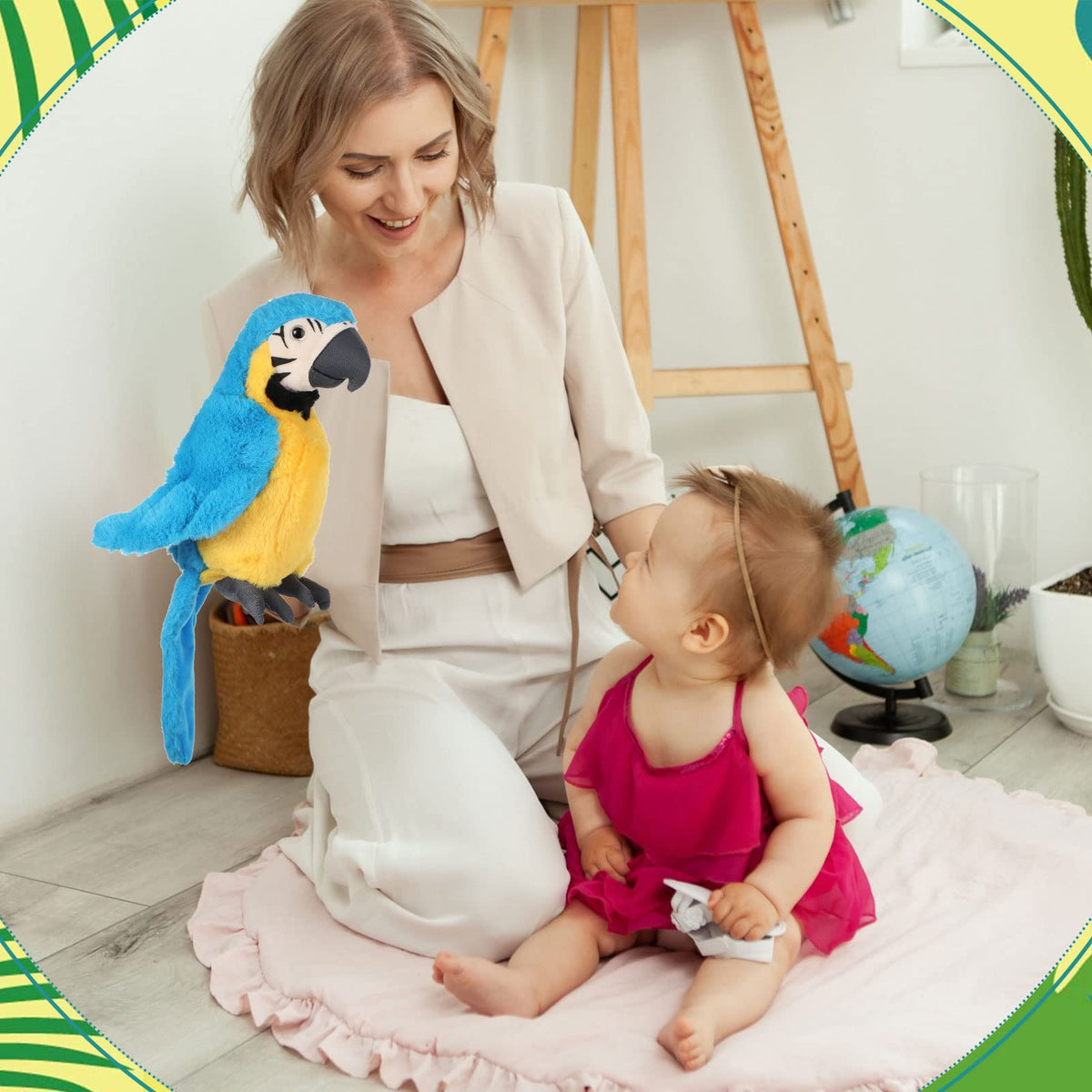 Jexine Macaw parrot plush craftsmanship patterns show hand-painted details.