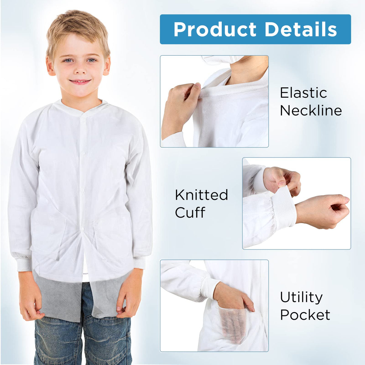 Jeyiour disposable kids lab coat, back view, lightweight and roomy for imaginative experiments.