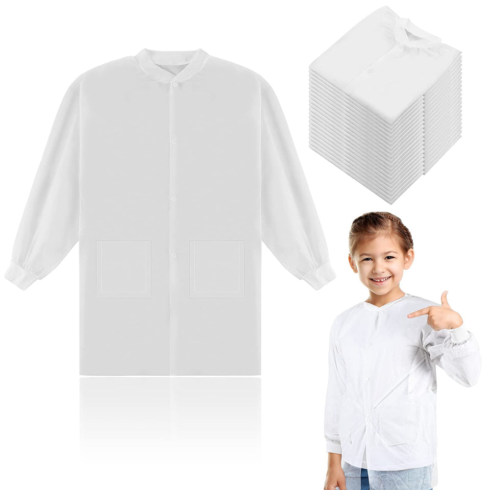Jeyiour disposable kids lab coat, front view, breathable fabric for comfortable play.