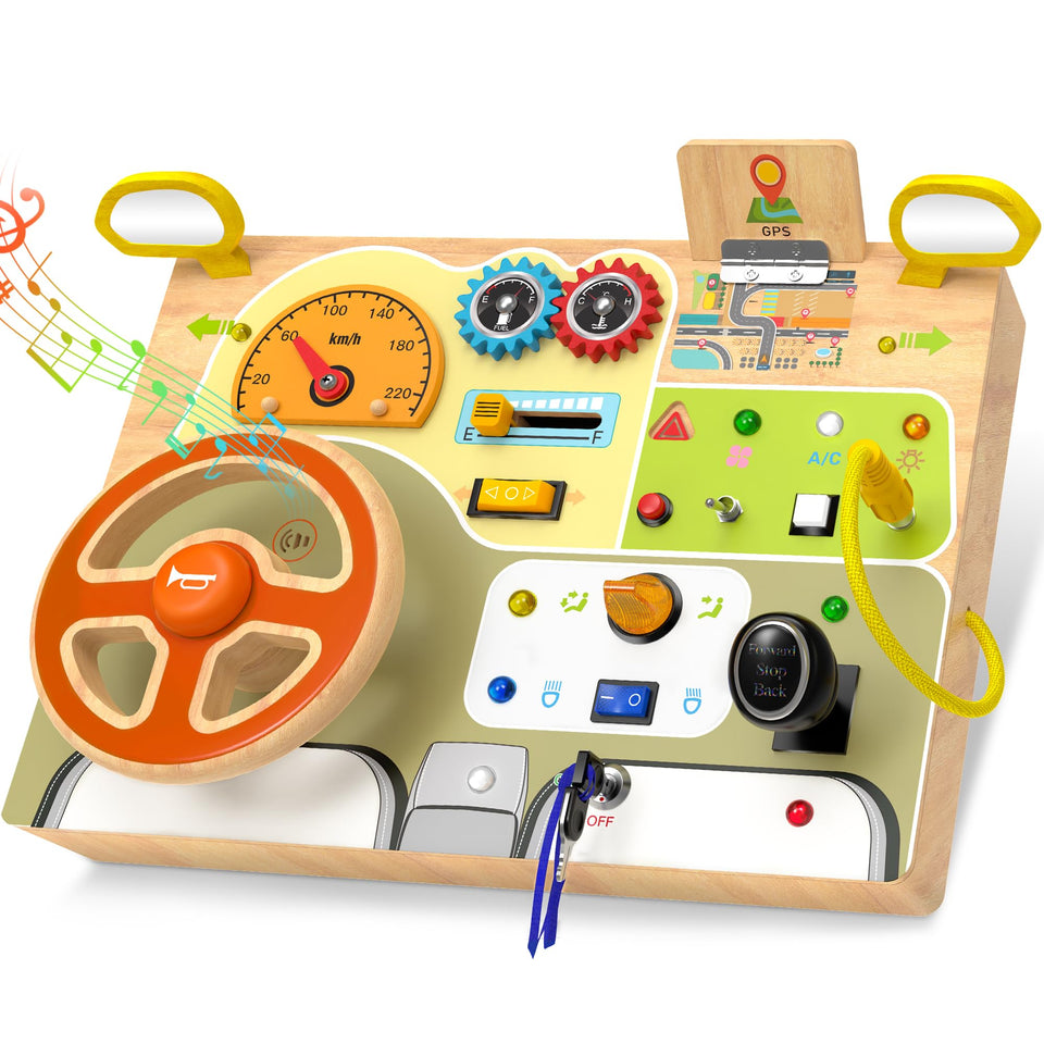 JGOBUB Montessori busy board dashboard with driving controls for immersive pretend play