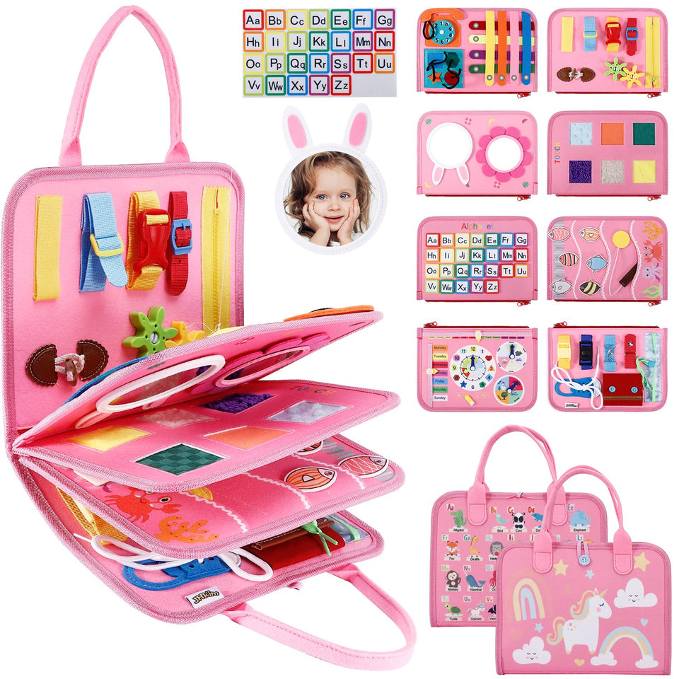 JHkim Busy Board zipper panel enhances fine motor skills during travel
