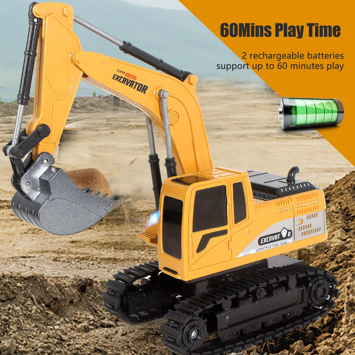 Jiakora excavator toy with light and sounds enhances immersive play sessions.