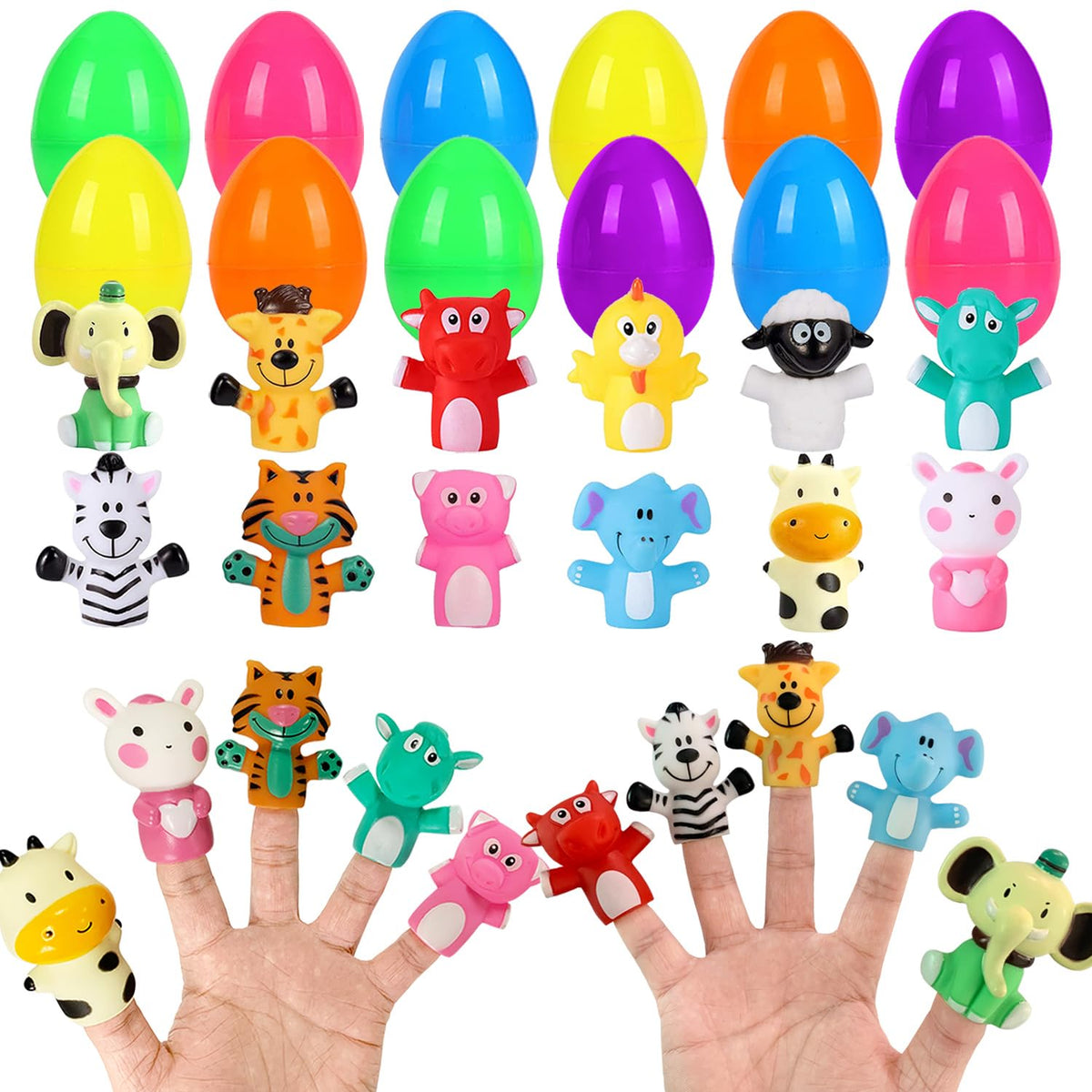 JIALWEN Easter eggs with animal finger puppets for imaginative play.