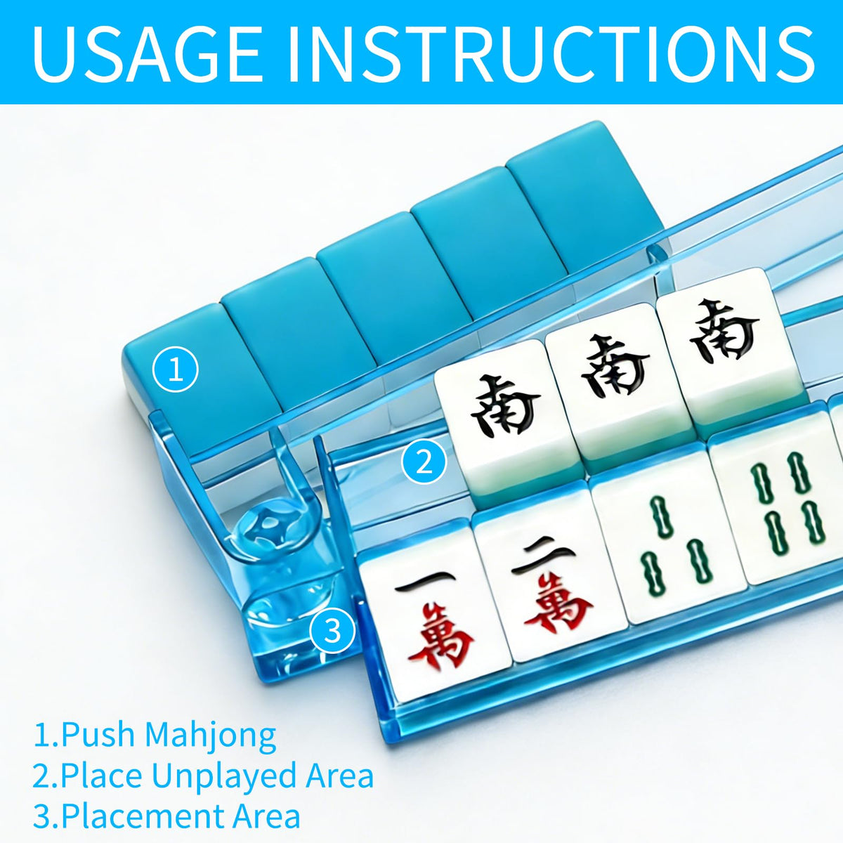 Jibrelxion Mahjong rack with blue push rod for quick moves and storage.