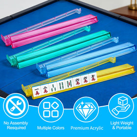 Jibrelxion Mahjong rack with purple push rod for easy tile placement.