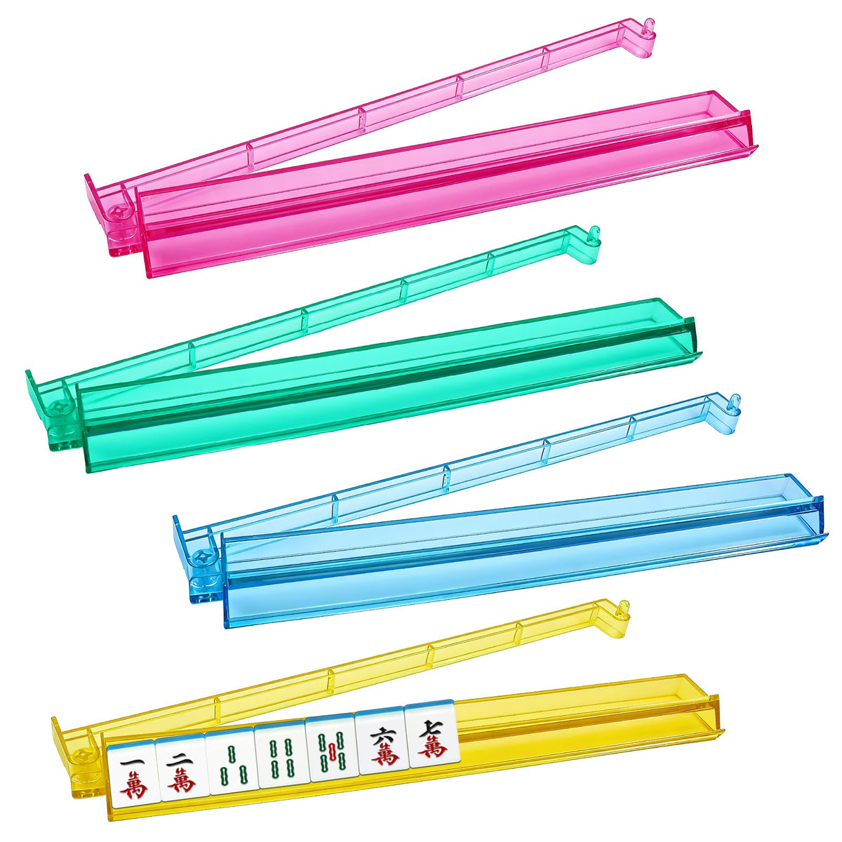 Jibrelxion Mahjong rack with yellow push rod for tidy tile handling.