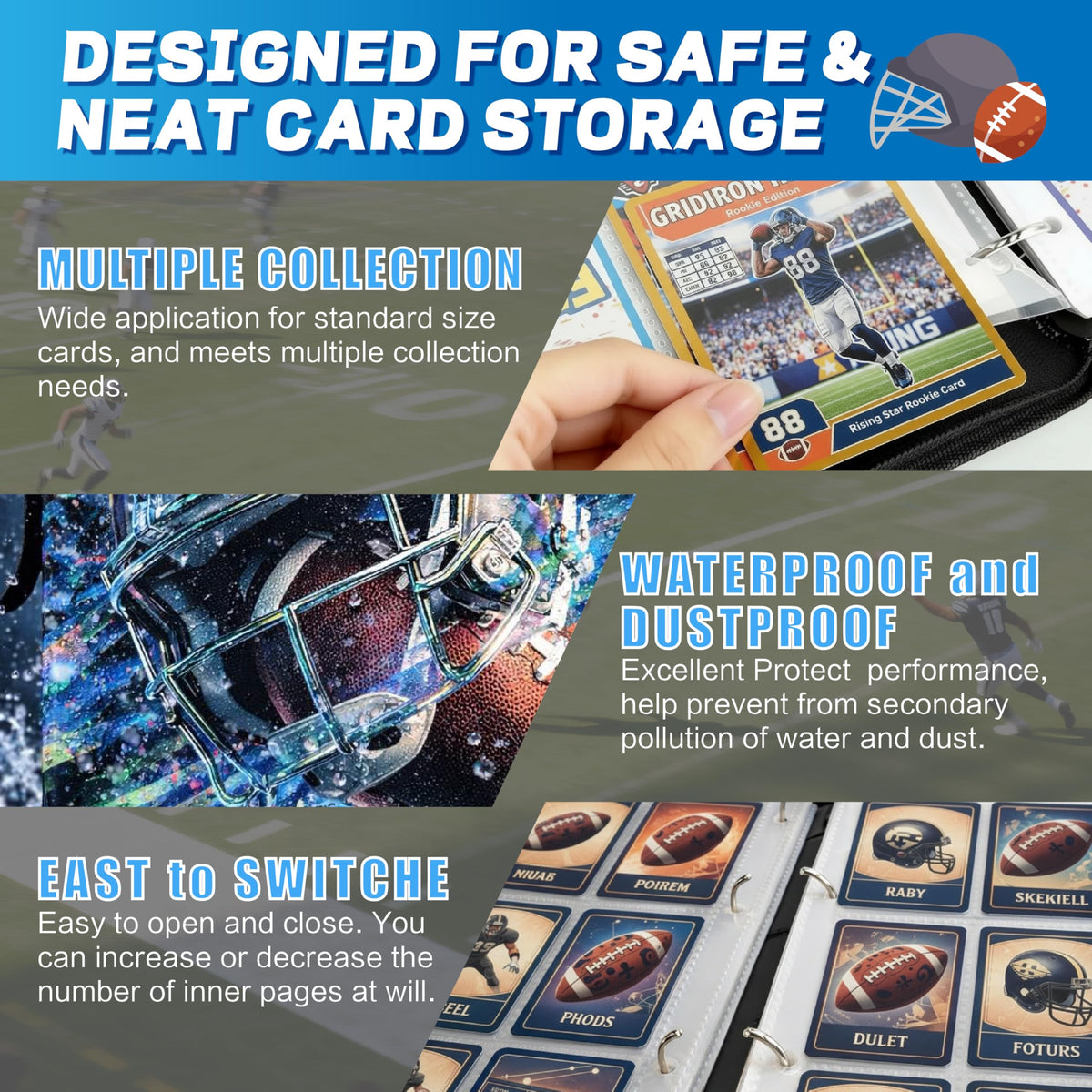 JIFTOK football card binder wrist strap enables easy one-handed carrying.
