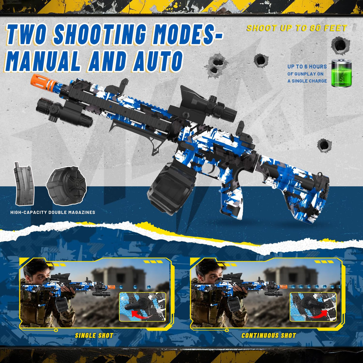 JIFTOK gel blaster range reaches 80 to 100 feet for distance shots.