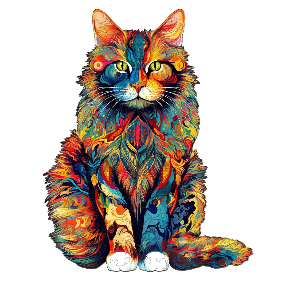 Jigfoxy cat-shaped wooden puzzle fully assembled, ideal centerpiece and conversation starter.