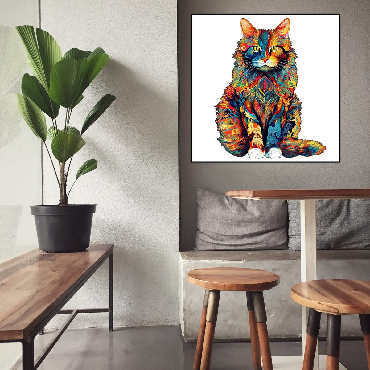 Jigfoxy wooden puzzle on display, a striking home accent after completion.