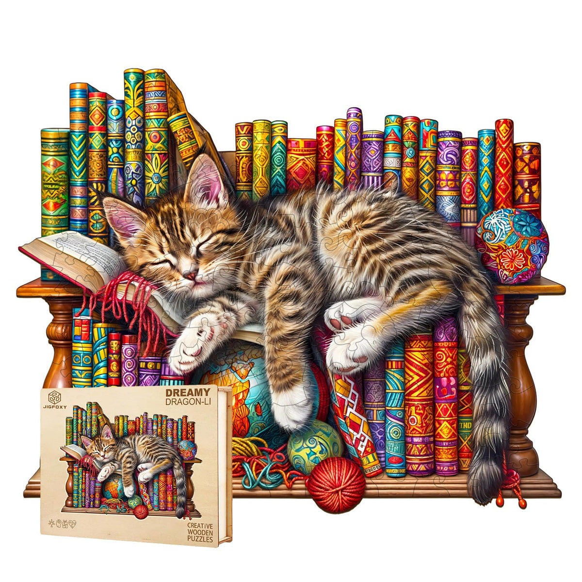 Jigfoxy DragonLi Cat Puzzle full assembly on sturdy wood for adults.
