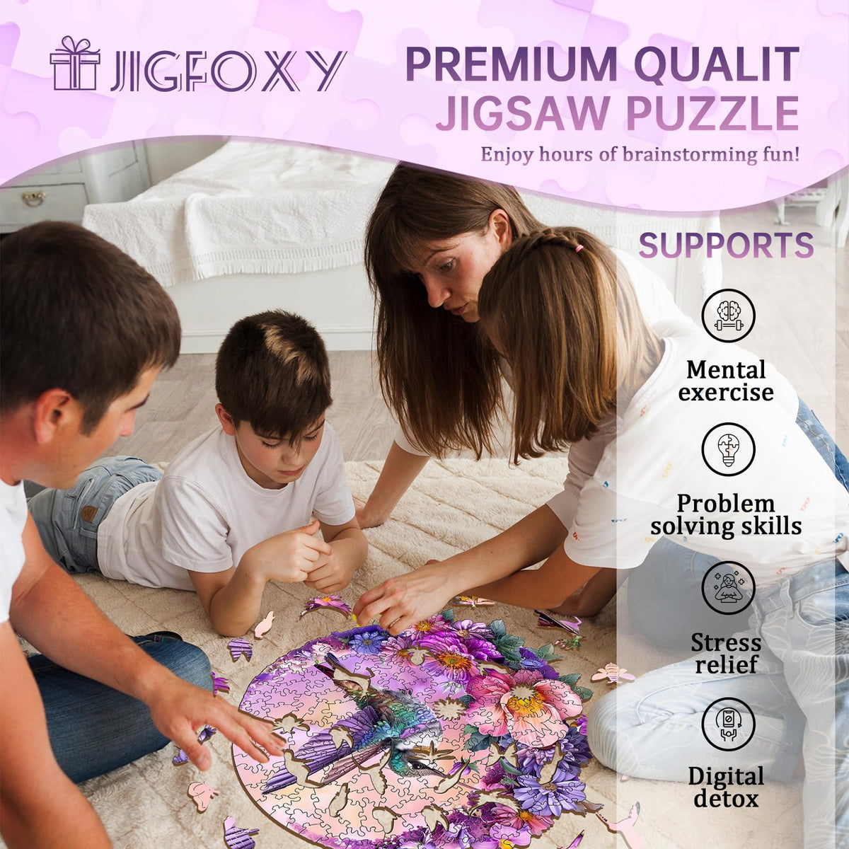 Jigfoxy family-bonding puzzle collection encourages focus, conversation, and shared problem-solving.