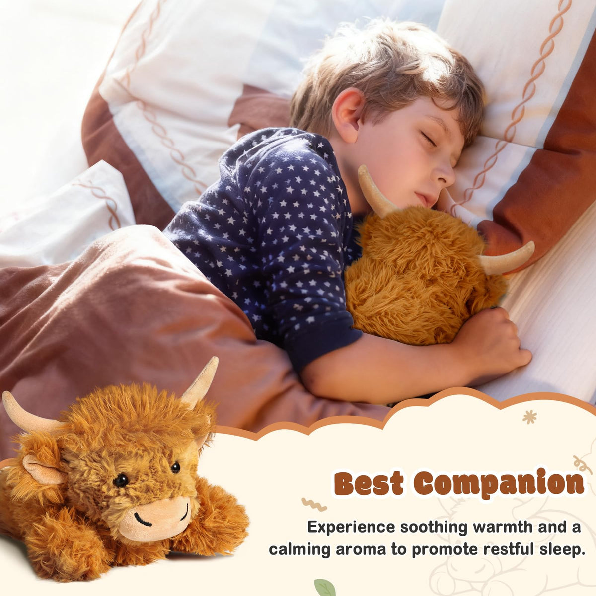 In-use scene of JILPAK Highland cow plush providing therapy-like warmth