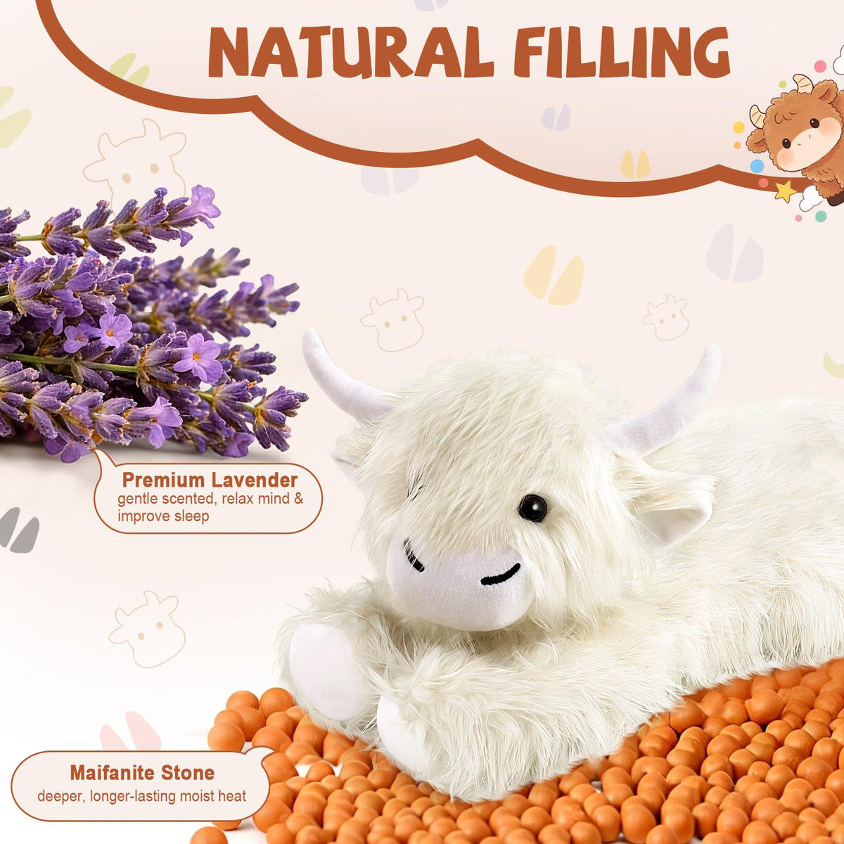 JILPAK Highland Cow Plush microwave-ready heat on demand.