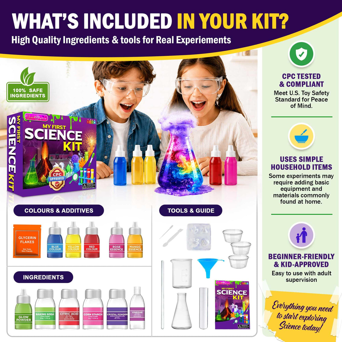 Jim&Gloria science kit child performing at-home experiments safely
