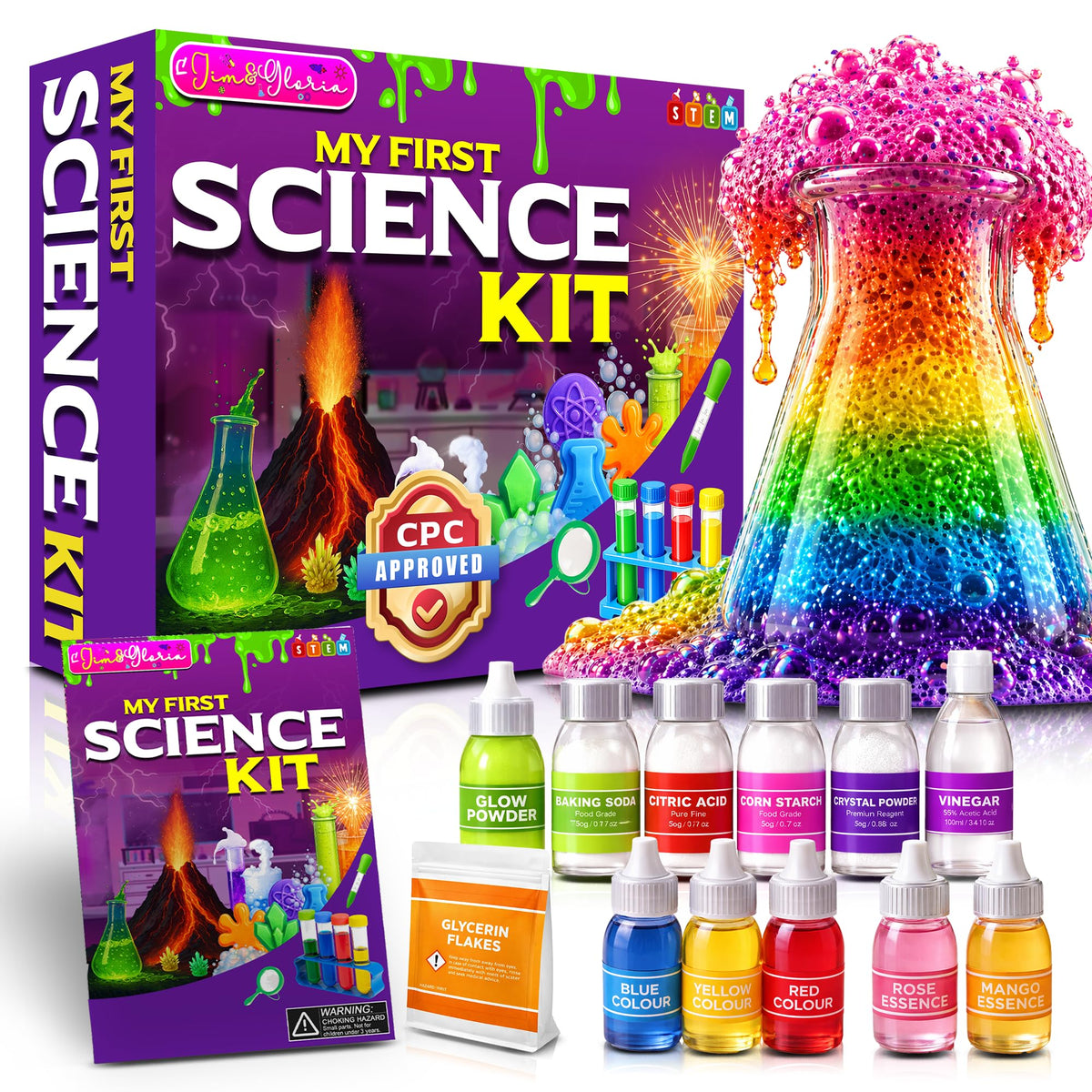 Jim&Gloria science kit laid out with colorful lab equipment promoting hands-on discovery