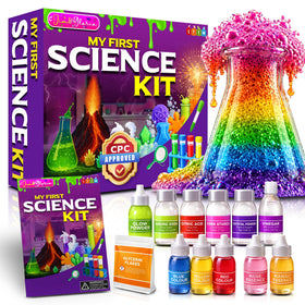 Jim&Gloria science kit laid out with colorful lab equipment promoting hands-on discovery