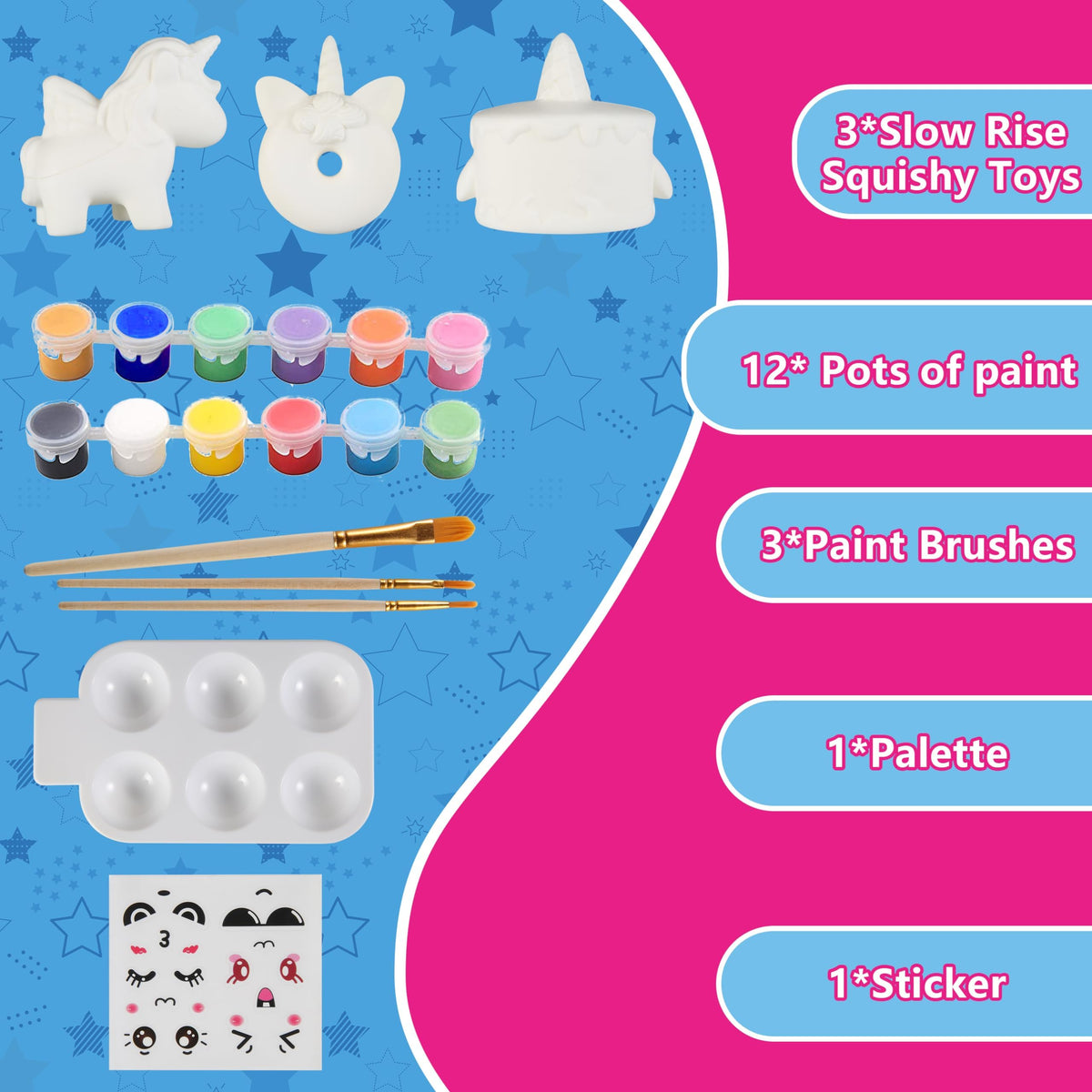 Paints and brushes kit for colorful squishy decorating with Jim&Gloria