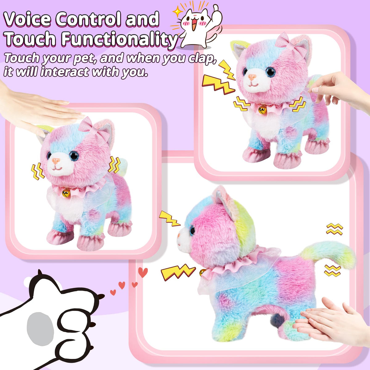 Jimate cat toy features wagging tail and nodding responses for interactive fun.