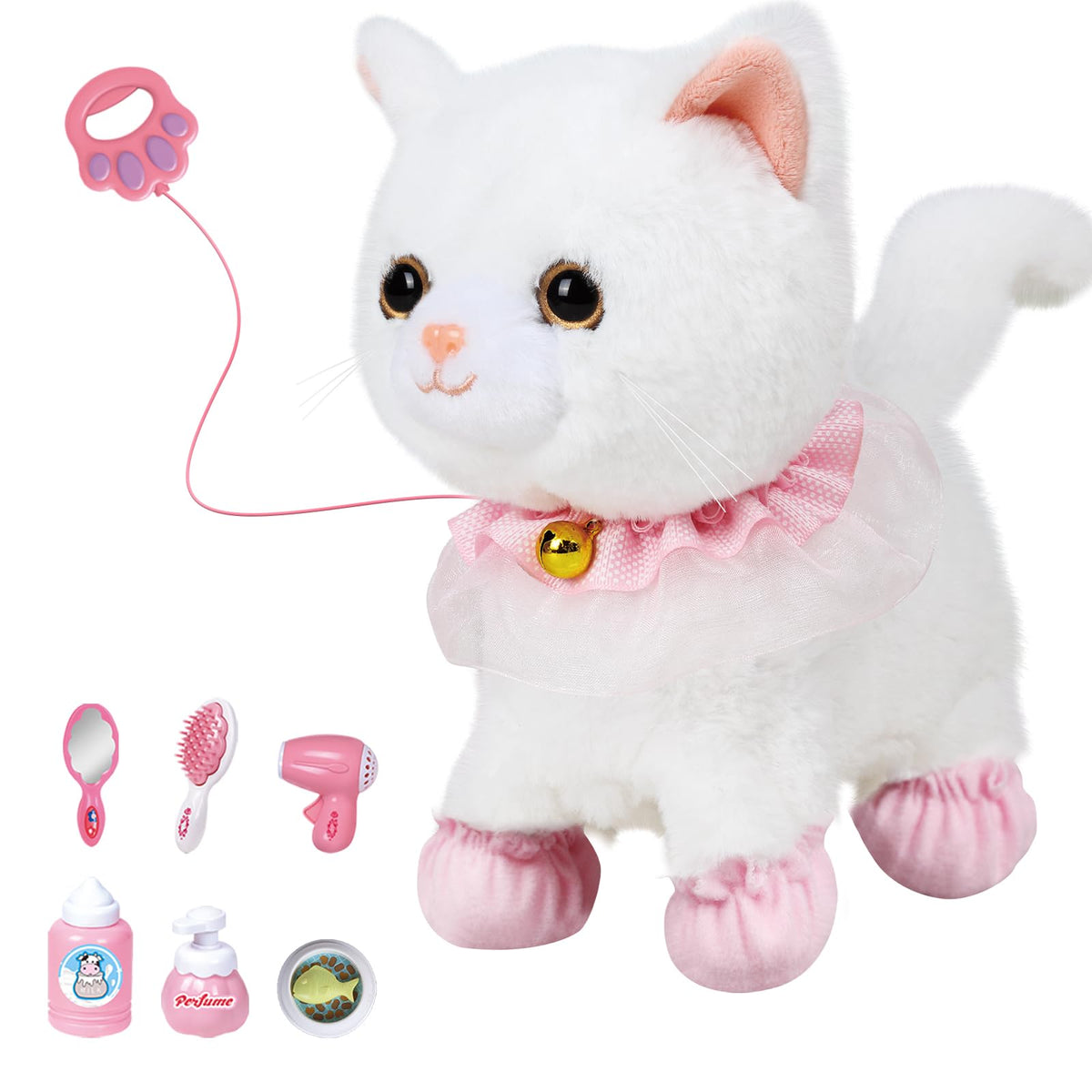 Jimate interactive plush cat toy walking and barking for lifelike play.
