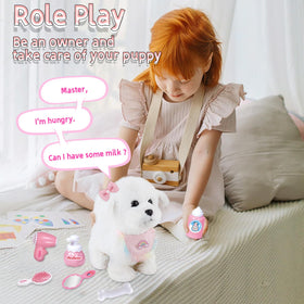 Child playing with Jimate puppy toy during interactive playtime indoors