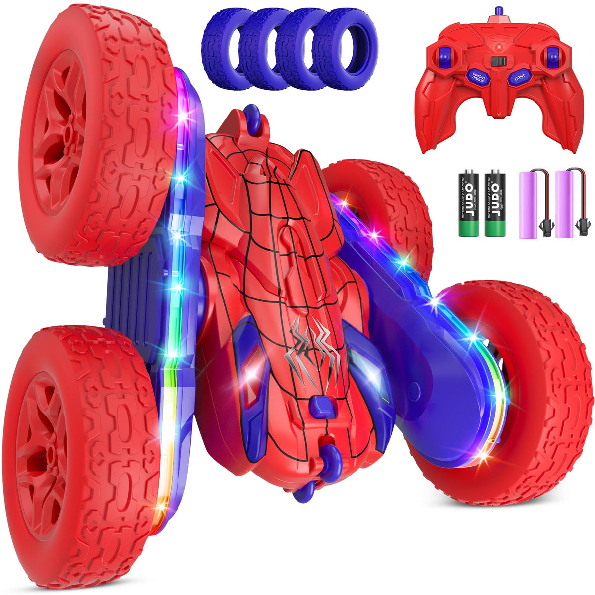 Jimdella Spider RC car front view with LED lights for night play