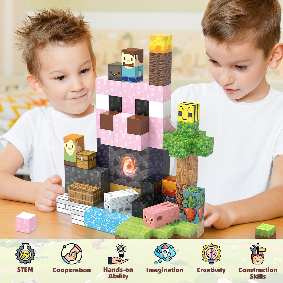 JIMI building tower demonstrates magnetic blocks creating tall, sturdy structures.