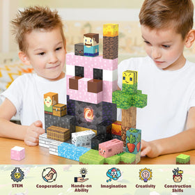 JIMI building tower demonstrates magnetic blocks creating tall, sturdy structures.