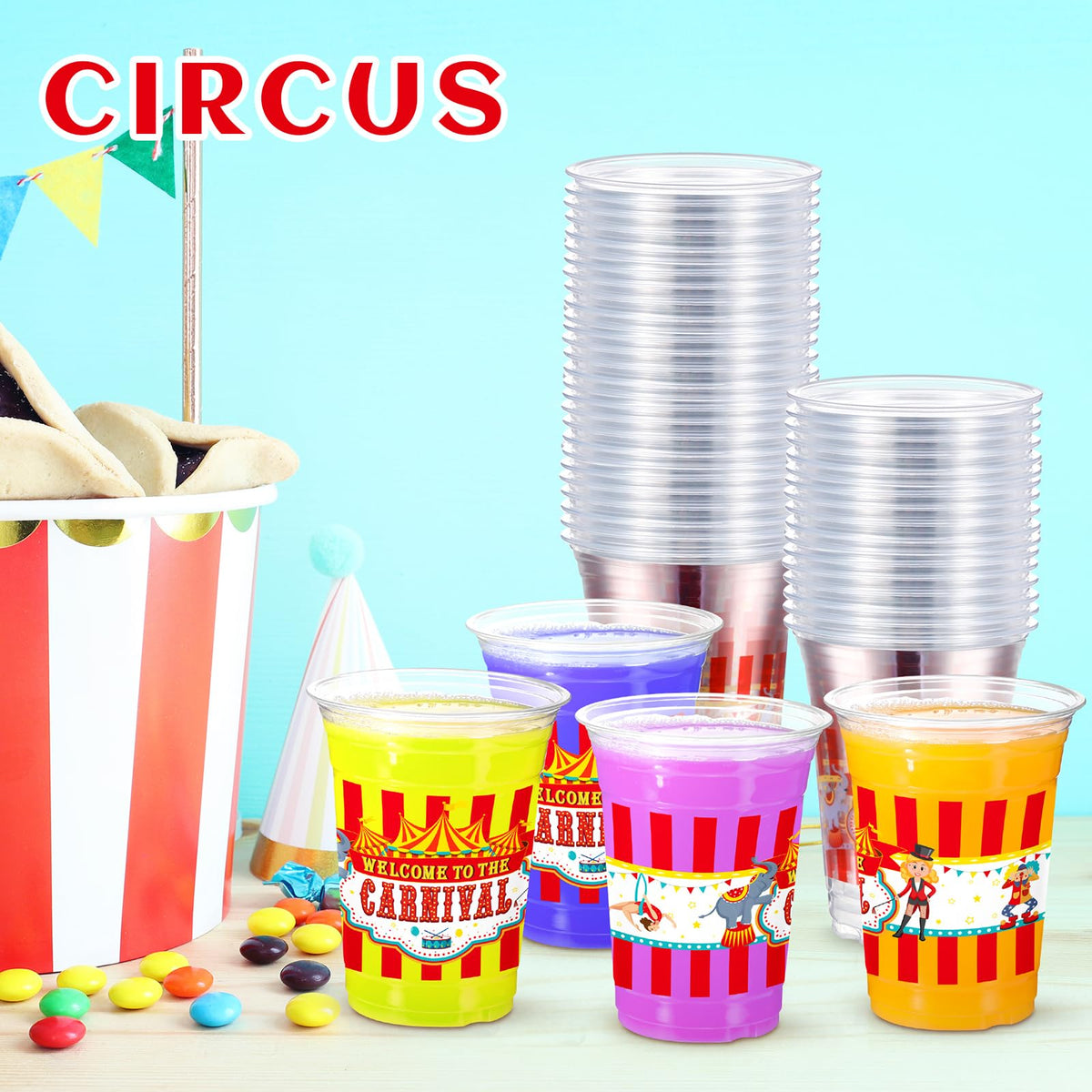 Jinei circus theme cups on display for a cohesive carnival vibe.