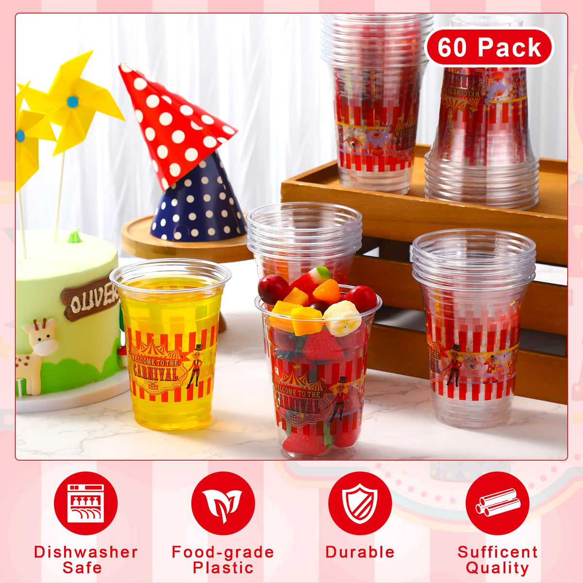 Jinei party table cups in carnival style complement decor.