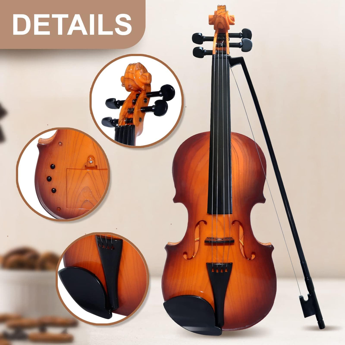 Adjustable strings on the violin toy help kids learn pitch differences safely