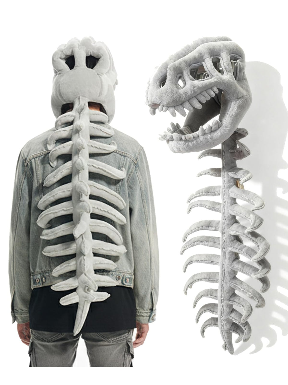 JingDan Dinosaur Skeleton Costume with 3D skull mask for immersive Halloween look.