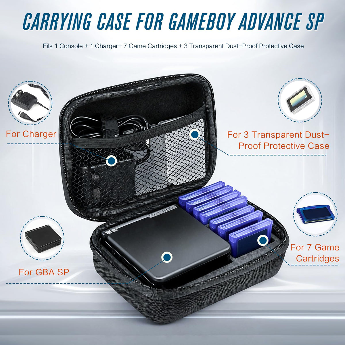 JinLunar GBA SP carrying case interior layout with organized space