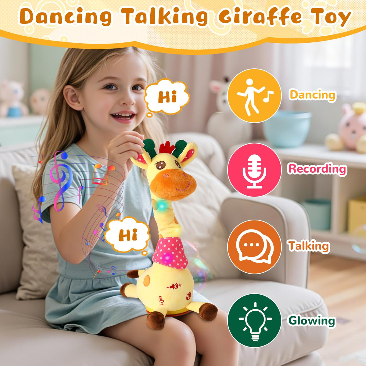 JISONCASE giraffe toy with glowing cheeks engaging toddlers during play