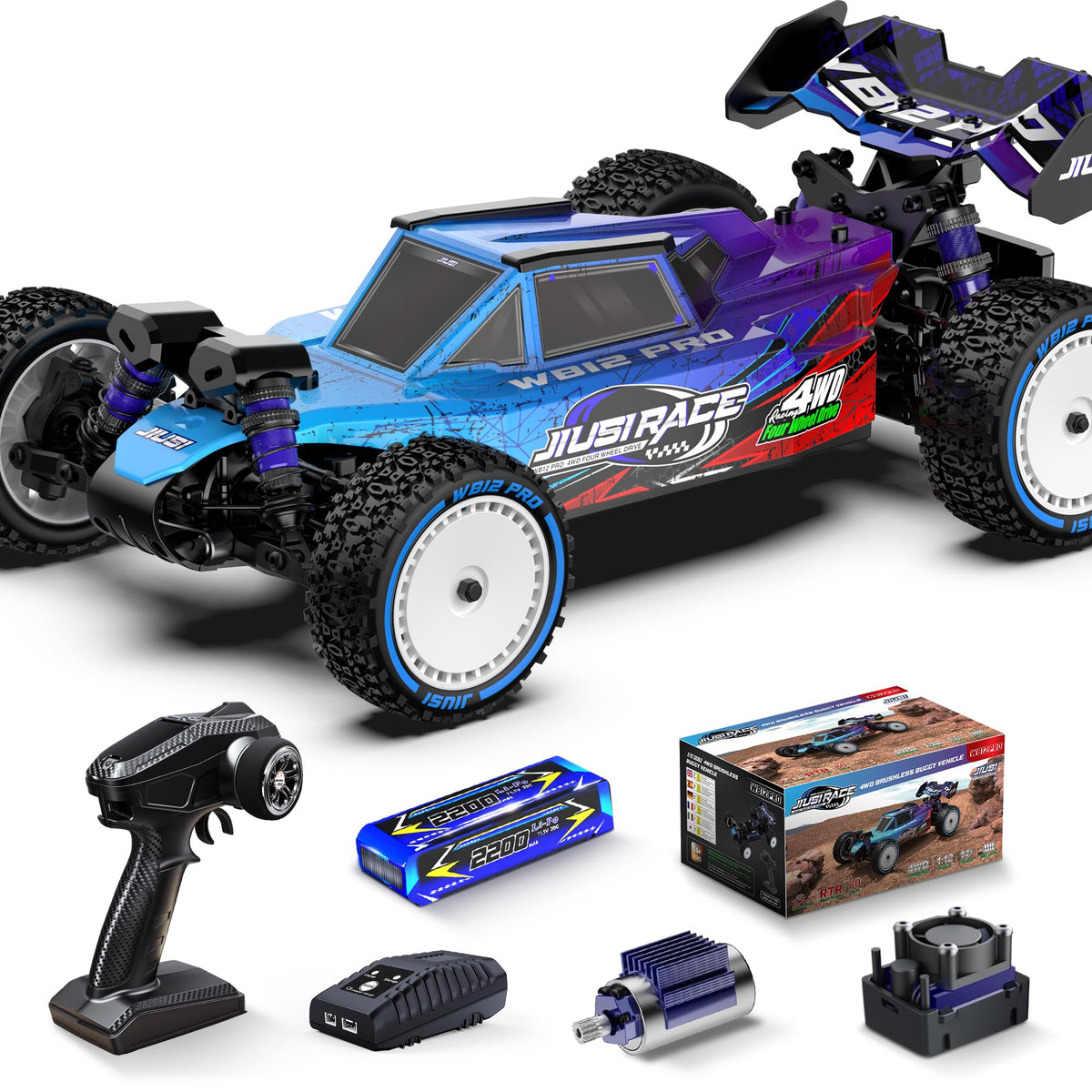 JIUSI 1:12 brushless RC car front view with rugged body for high-speed off-road fun.