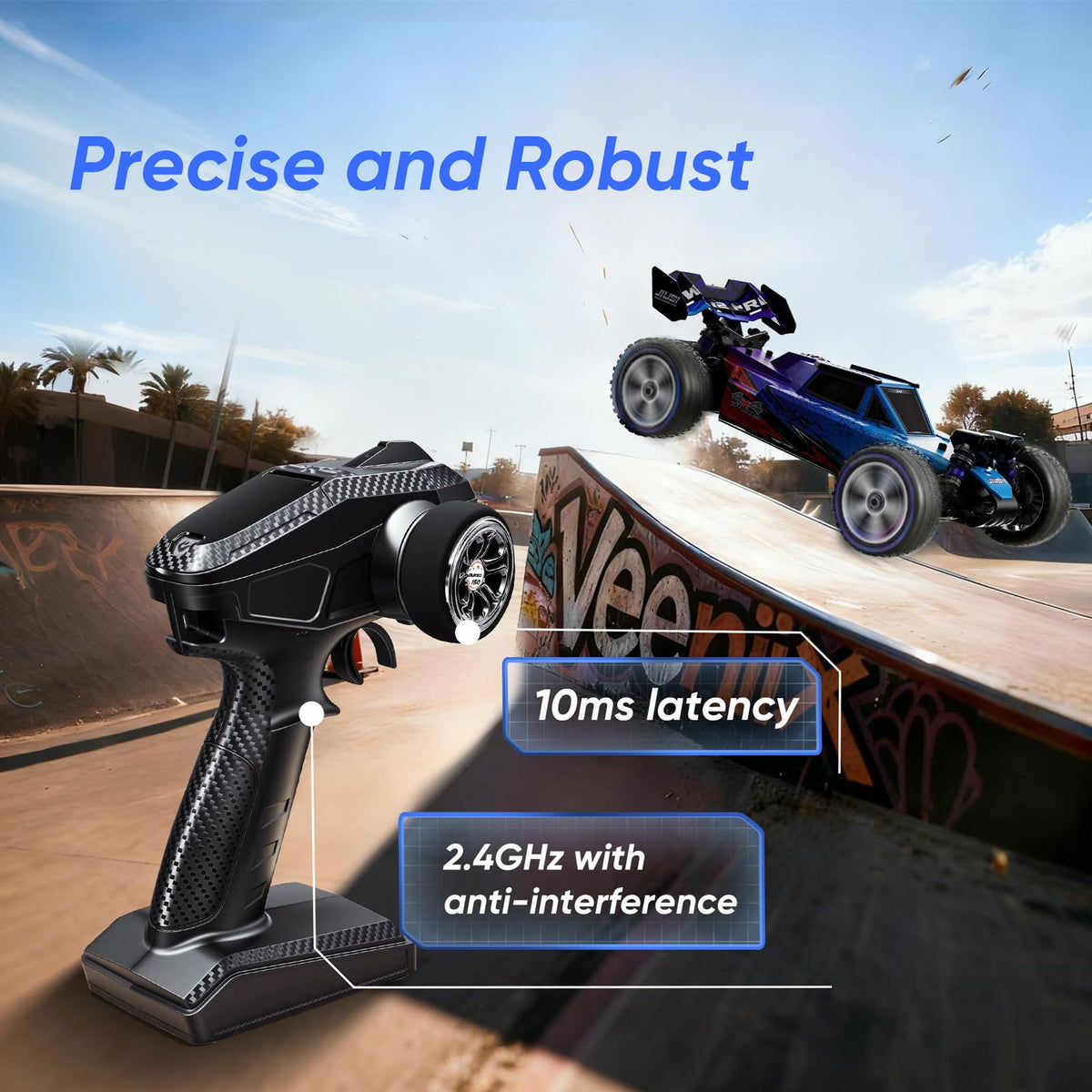JIUSI 1:12 brushless RC car 2.4GHz remote control for quick, responsive steering.