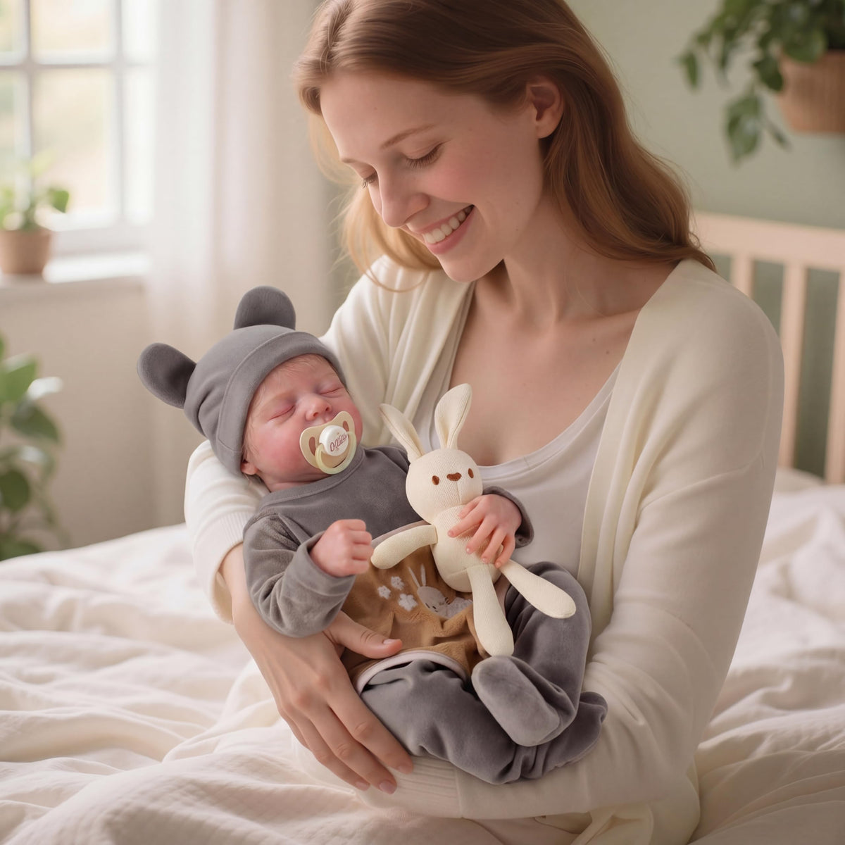Magnetic pacifier and rattles support interactive soothing play with Noah.