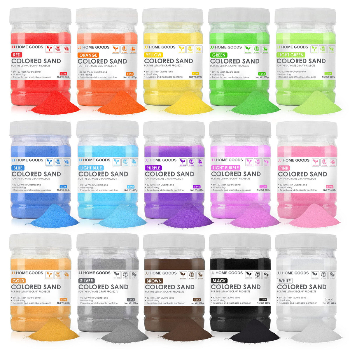 JJ CARE colored sand 15-color set displayed for crafts and sandbox projects.