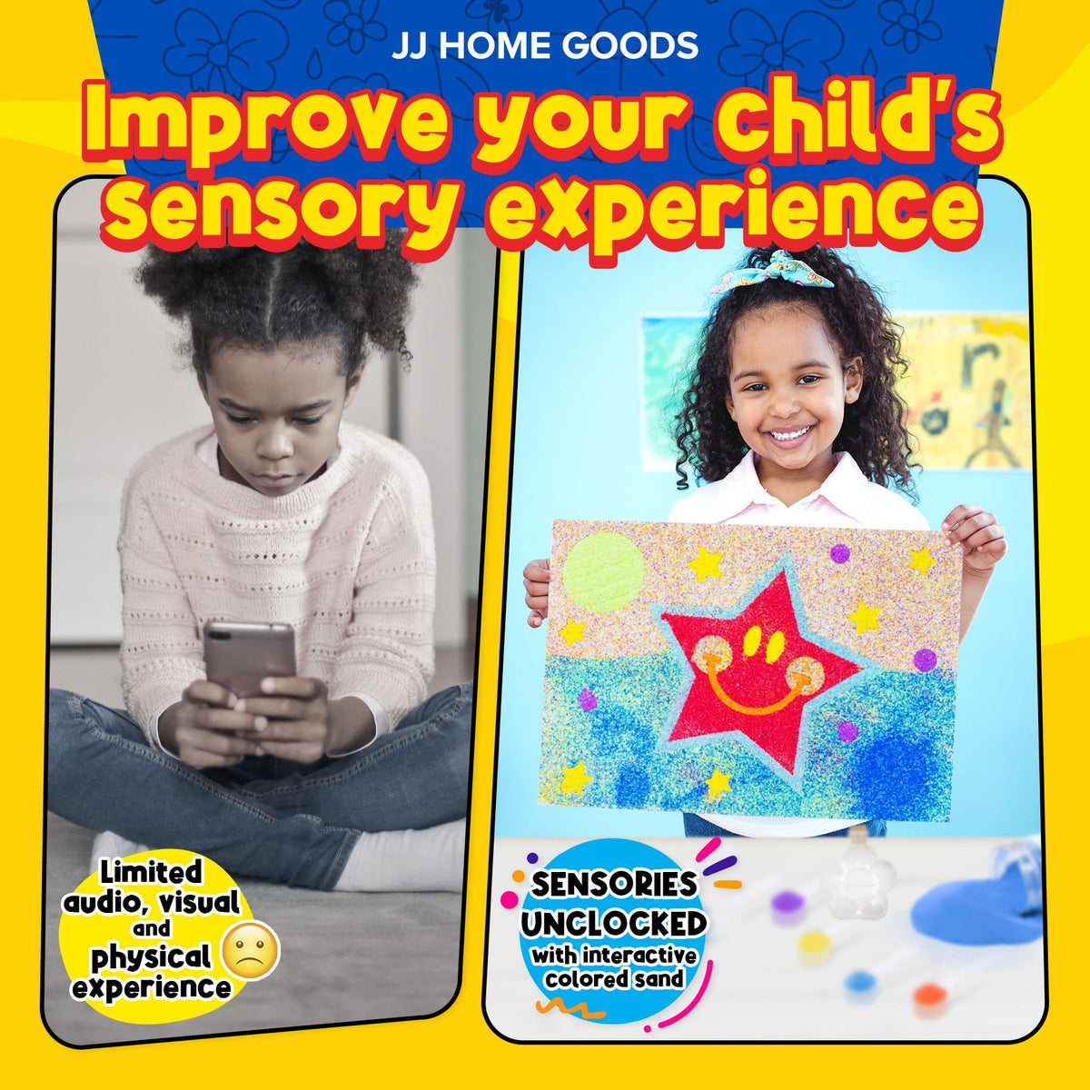 JJ CARE non-toxic colored sand supports safe art activities.