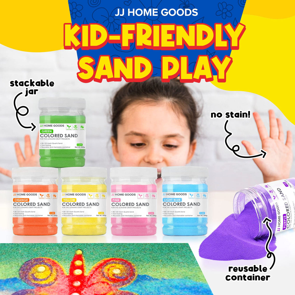 JJ CARE colorful sand enhances wedding decor and centerpieces.