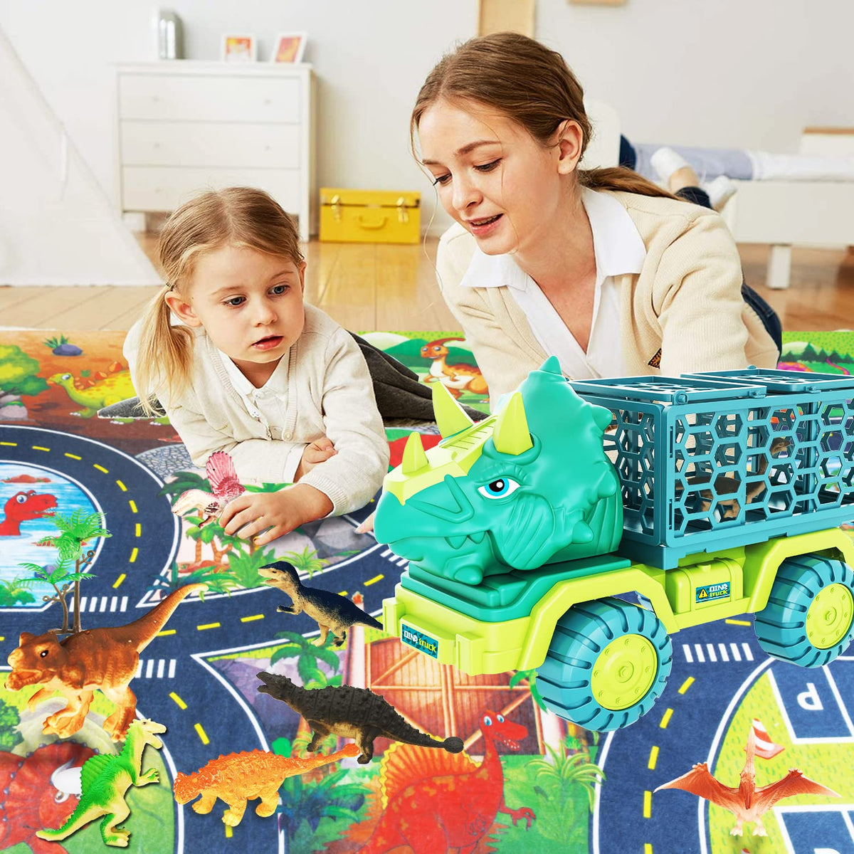 JKGIFTS Back cage shows 15 dinosaur figures for creative storytelling.