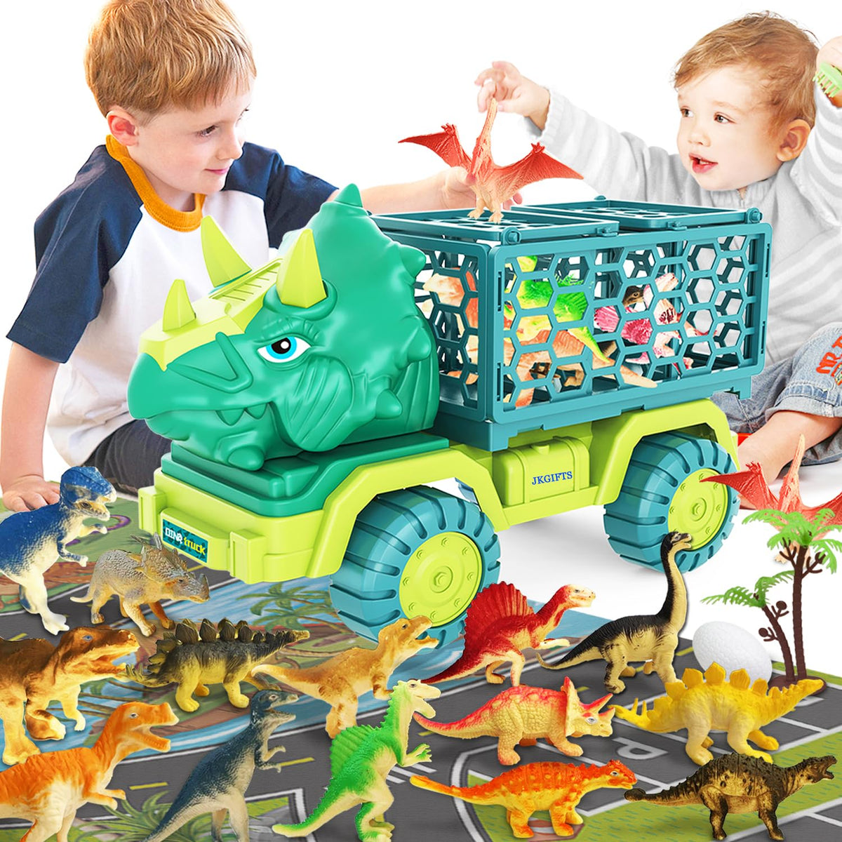 JKGIFTS Dinosaur Truck front view with Triceratops-inspired cab sparks imaginative play.
