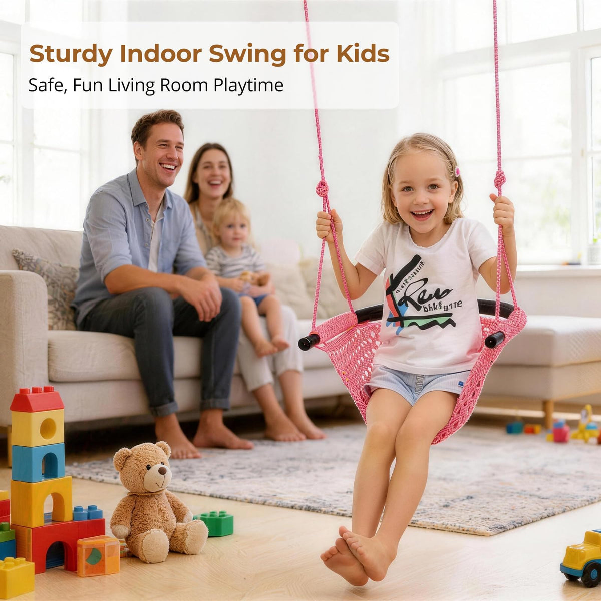 JKsmart pink swing mounted in a sunny backyard