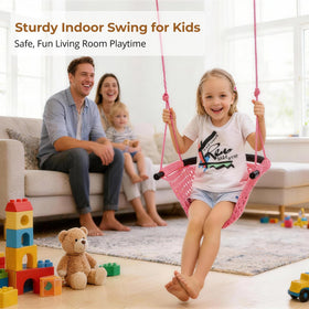 JKsmart pink swing mounted in a sunny backyard