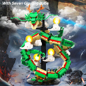JMBricklayer Dragon Building Set with glowing balls enhancing nighttime ambiance