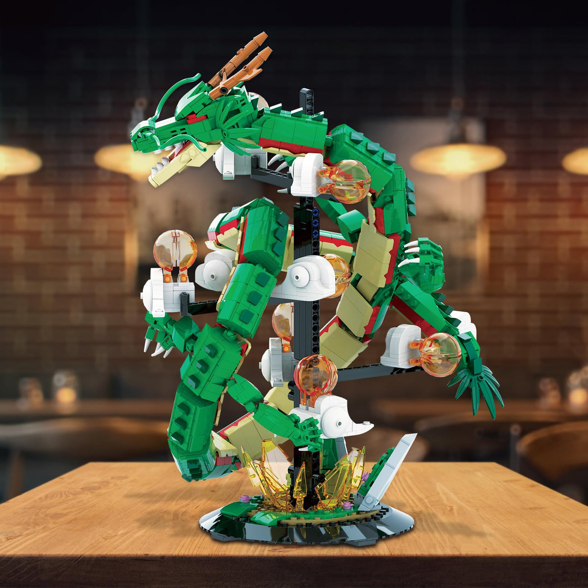 JMBricklayer Dragon Building Set lit at dusk for dramatic effect
