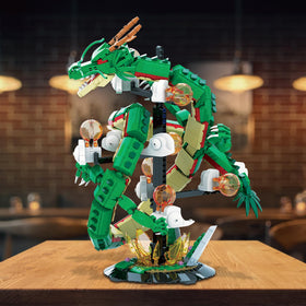 JMBricklayer Dragon Building Set lit at dusk for dramatic effect